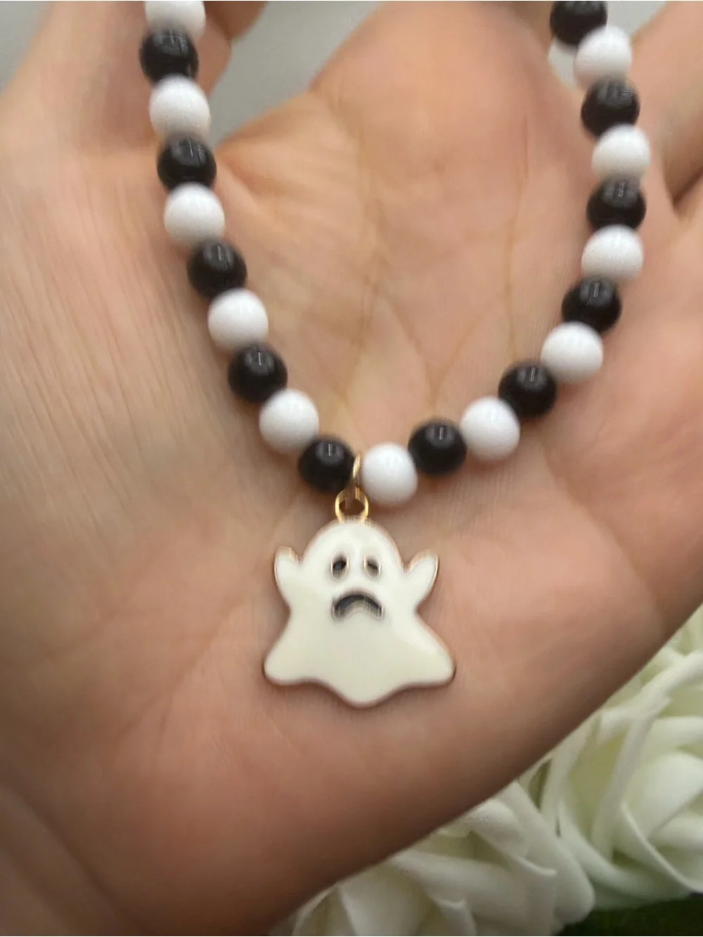 Black & White Beaded Bracelet with Ghost Charm